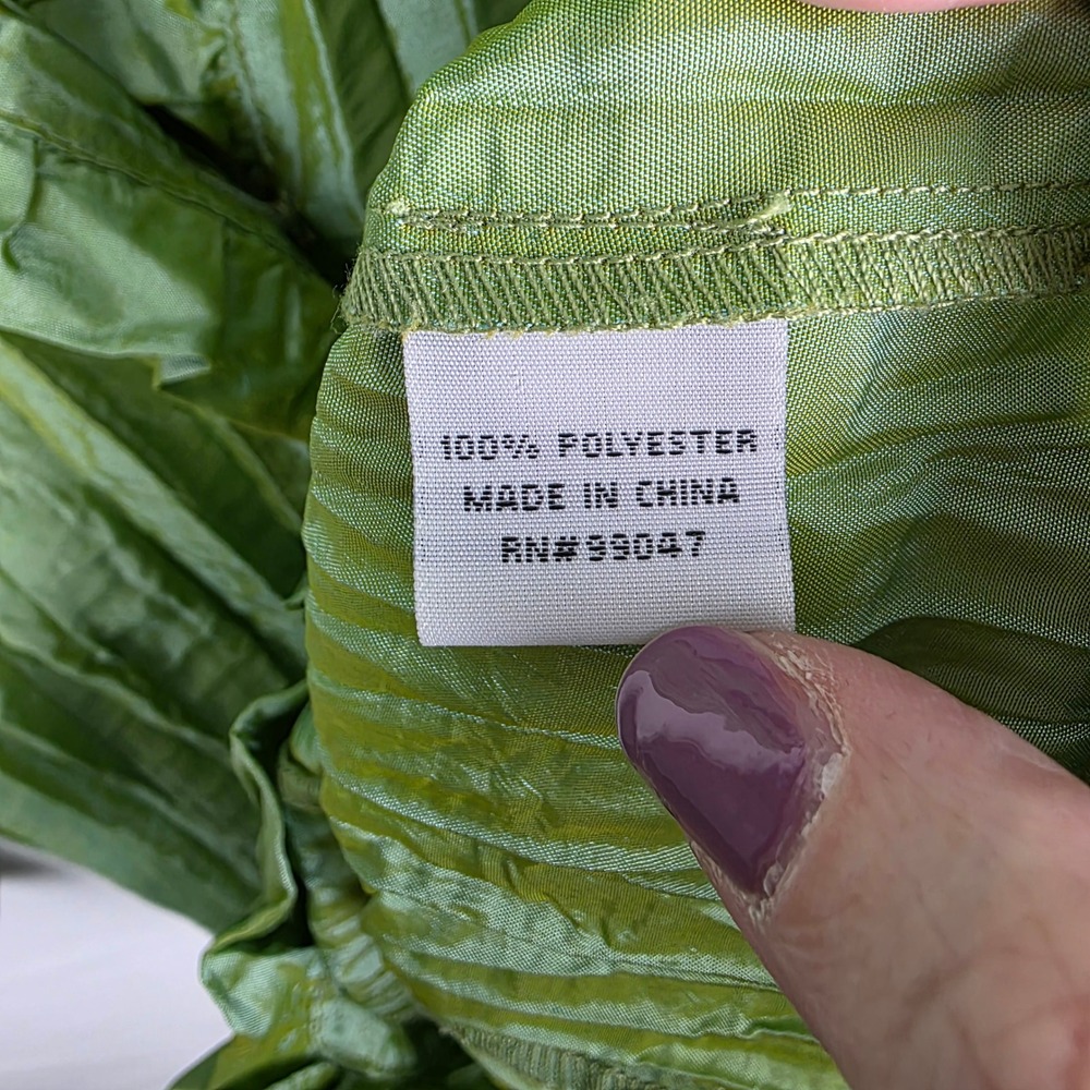 Jaipur Y2K Iridescent Womens Green Crinkle Ruffle Blouse Crystal Button‎ Top L - Picture 4 of 6